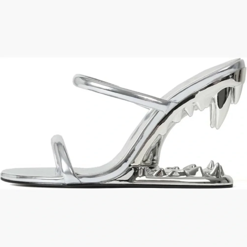 Wedge Sandals Strappy Heels Open Toe Shark Tooth Heel Mules Slip On Party Dress